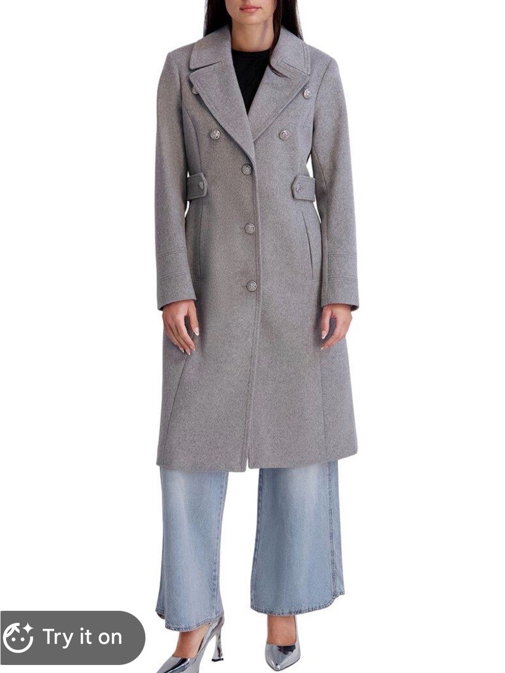 Kenneth Cole Double-Breasted Gray Long Wool Military Coat - M